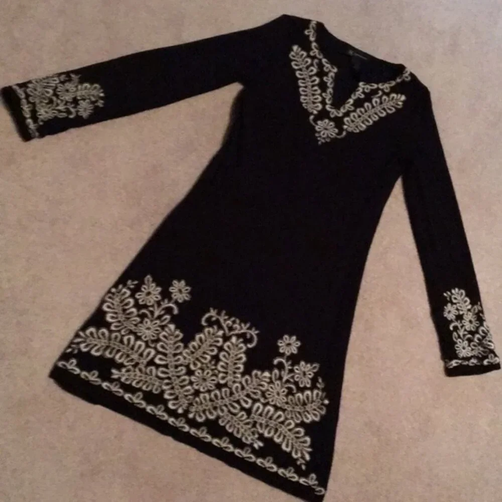 INC International Concepts Embroidered Gold DRESS Stretchy Flattering Petite - Picture 1 of 6